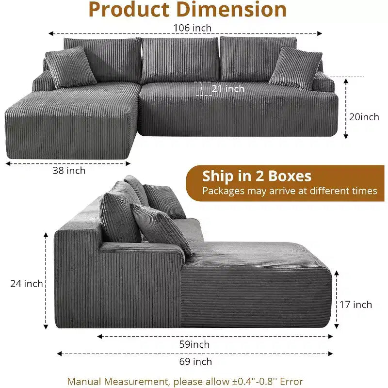 Cloud Couch with L Shaped Chaise Sectional Couch Corduroy Boneless Modular Modern Sofa No Assembly Required for Living Room Apartment and Small Space