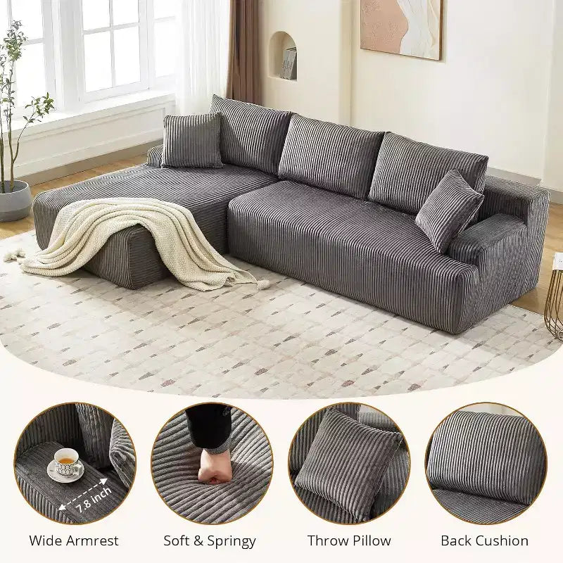 Cloud Couch with L Shaped Chaise Sectional Couch Corduroy Boneless Modular Modern Sofa No Assembly Required for Living Room Apartment and Small Space