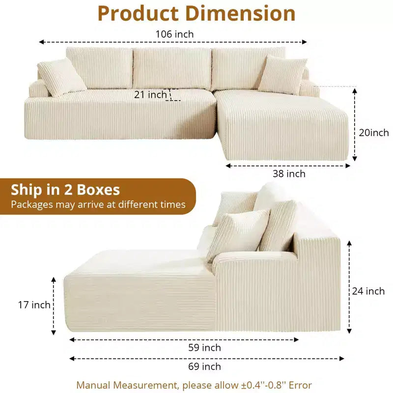 Cloud Couch with L Shaped Chaise Sectional Couch Corduroy Boneless Modular Modern Sofa No Assembly Required for Living Room Apartment and Small Space