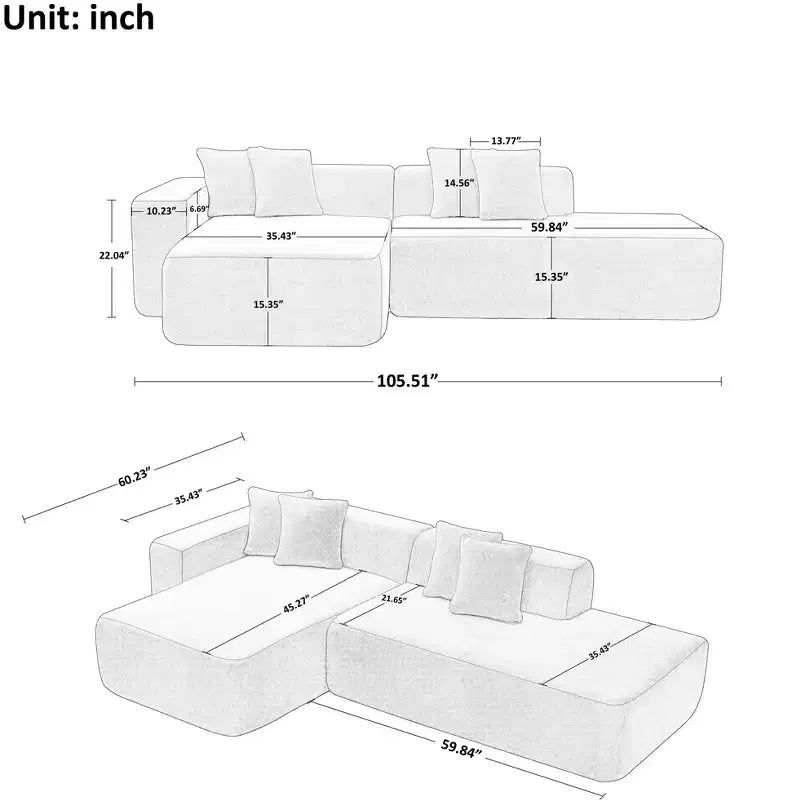 MAYEERTY Lambswool Fabric L-Shaped 5-Seat Modular Sectional Sofa with Chaise for Bedroom and Apartment