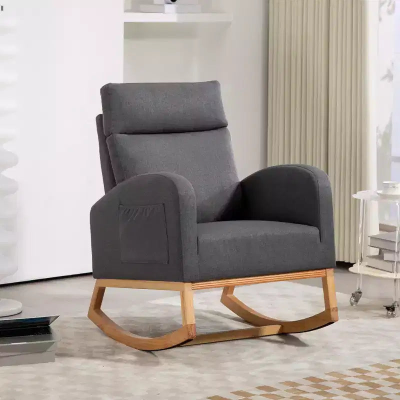 Nursery Glider Chair - Rocking Chair, Upholstered Nursery with Rubber Wood Legs, Comfy High Backrest, Side Pockets, Rocker Armchair for Living Room
