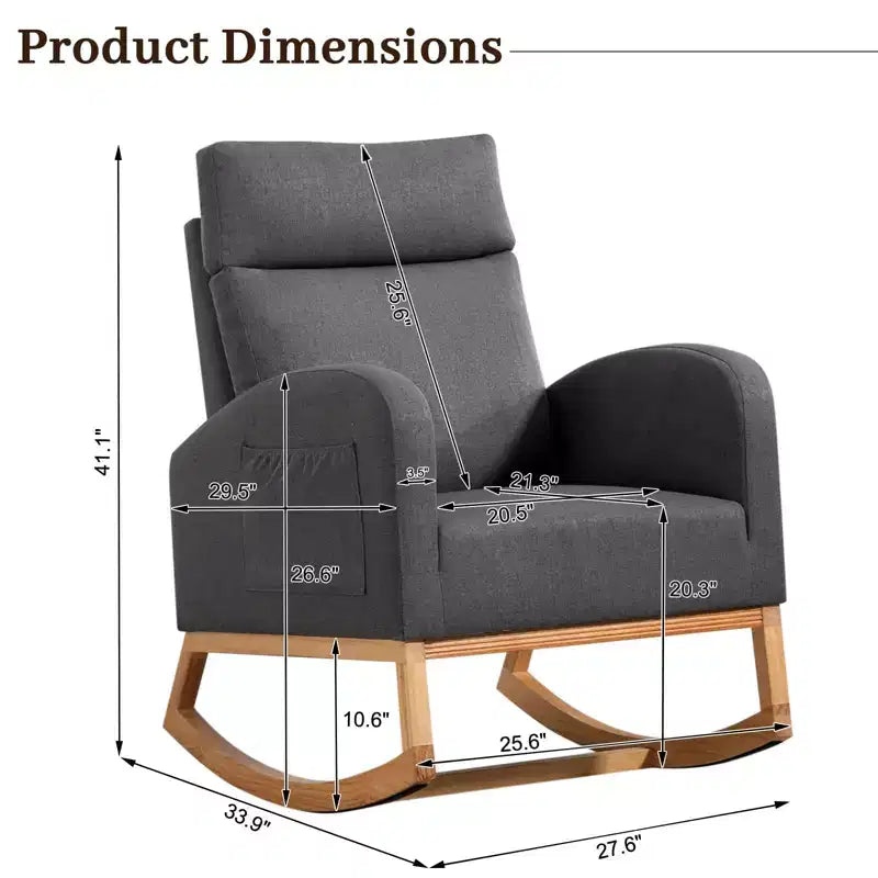 Nursery Glider Chair - Rocking Chair, Upholstered Nursery with Rubber Wood Legs, Comfy High Backrest, Side Pockets, Rocker Armchair for Living Room