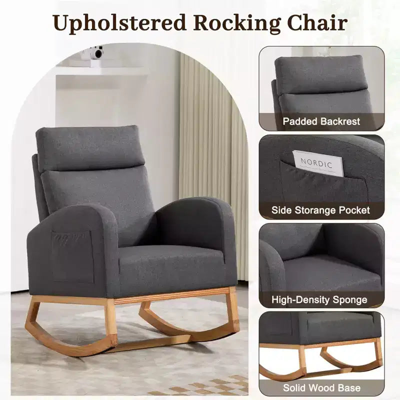 Nursery Glider Chair - Rocking Chair, Upholstered Nursery with Rubber Wood Legs, Comfy High Backrest, Side Pockets, Rocker Armchair for Living Room