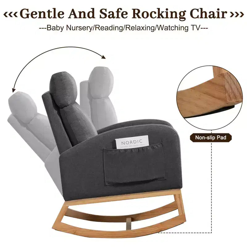 Nursery Glider Chair - Rocking Chair, Upholstered Nursery with Rubber Wood Legs, Comfy High Backrest, Side Pockets, Rocker Armchair for Living Room