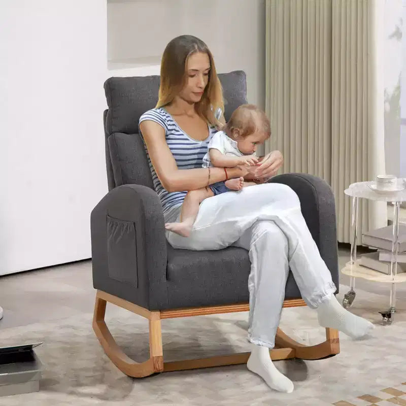 Nursery Glider Chair - Rocking Chair, Upholstered Nursery with Rubber Wood Legs, Comfy High Backrest, Side Pockets, Rocker Armchair for Living Room