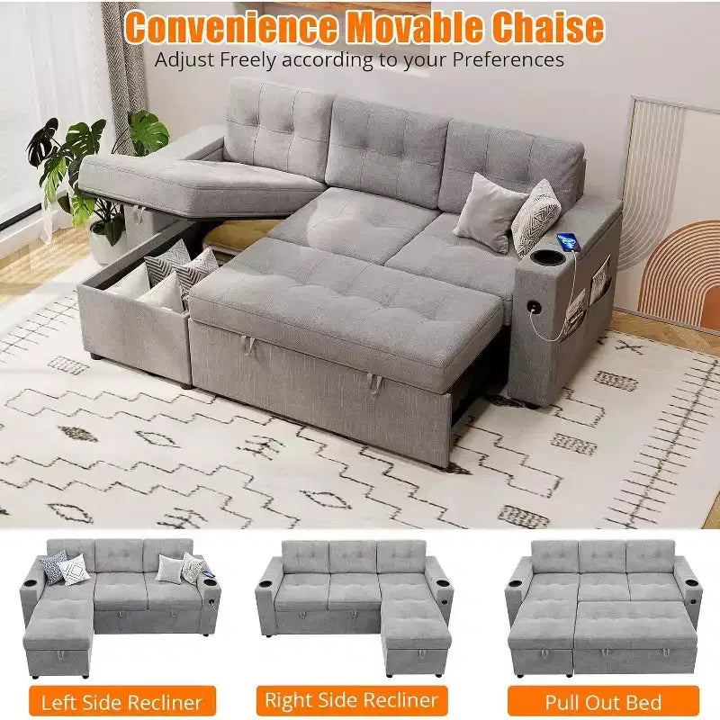Sleeper Sofa, 84 Inch Sofa Bed with 2 Charging Ports, L Shaped Couch with 2 Storage Armrest and 2 Cup Holders, 2 Charging Ports