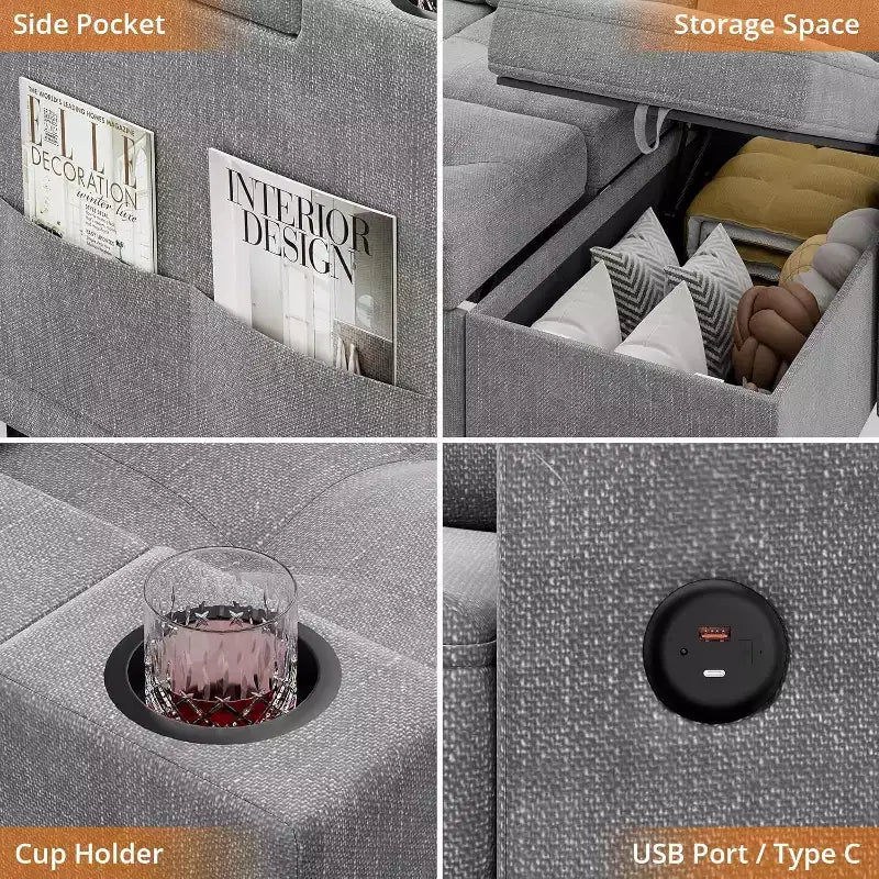 Sleeper Sofa, 84 Inch Sofa Bed with 2 Charging Ports, L Shaped Couch with 2 Storage Armrest and 2 Cup Holders, 2 Charging Ports