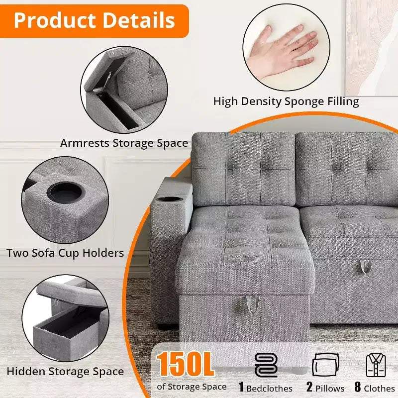 Sleeper Sofa, 84 Inch Sofa Bed with 2 Charging Ports, L Shaped Couch with 2 Storage Armrest and 2 Cup Holders, 2 Charging Ports