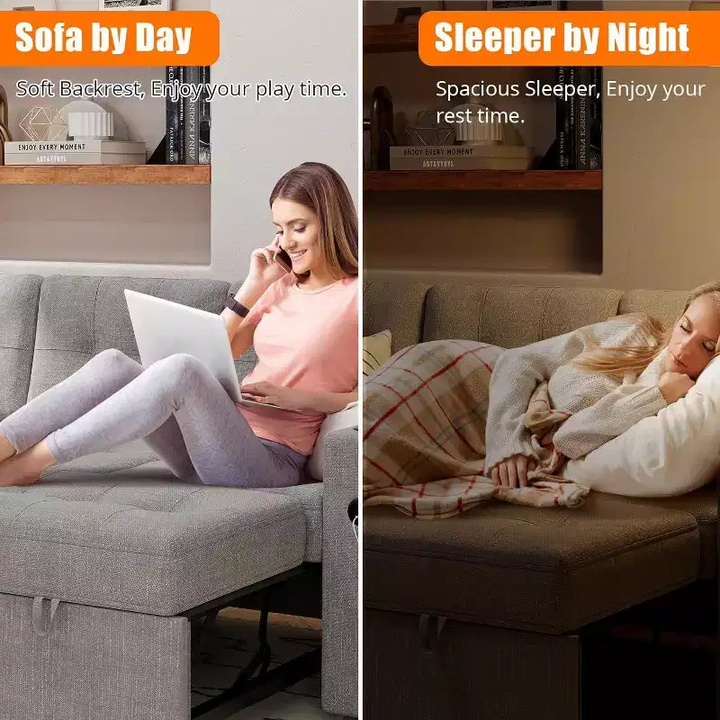 Sleeper Sofa, 84 Inch Sofa Bed with 2 Charging Ports, L Shaped Couch with 2 Storage Armrest and 2 Cup Holders, 2 Charging Ports