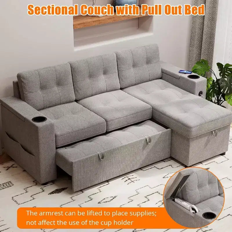 Sleeper Sofa, 84 Inch Sofa Bed with 2 Charging Ports, L Shaped Couch with 2 Storage Armrest and 2 Cup Holders, 2 Charging Ports