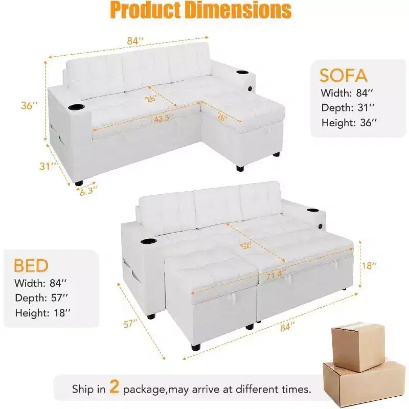 Sleeper Sofa, 84 Inch Sofa Bed with 2 Charging Ports, L Shaped Couch with 2 Storage Armrest and 2 Cup Holders, 2 Charging Ports