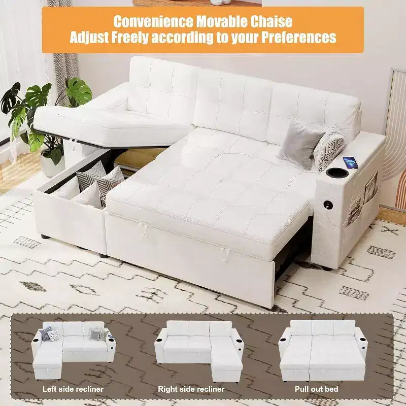 Sleeper Sofa, 84 Inch Sofa Bed with 2 Charging Ports, L Shaped Couch with 2 Storage Armrest and 2 Cup Holders, 2 Charging Ports