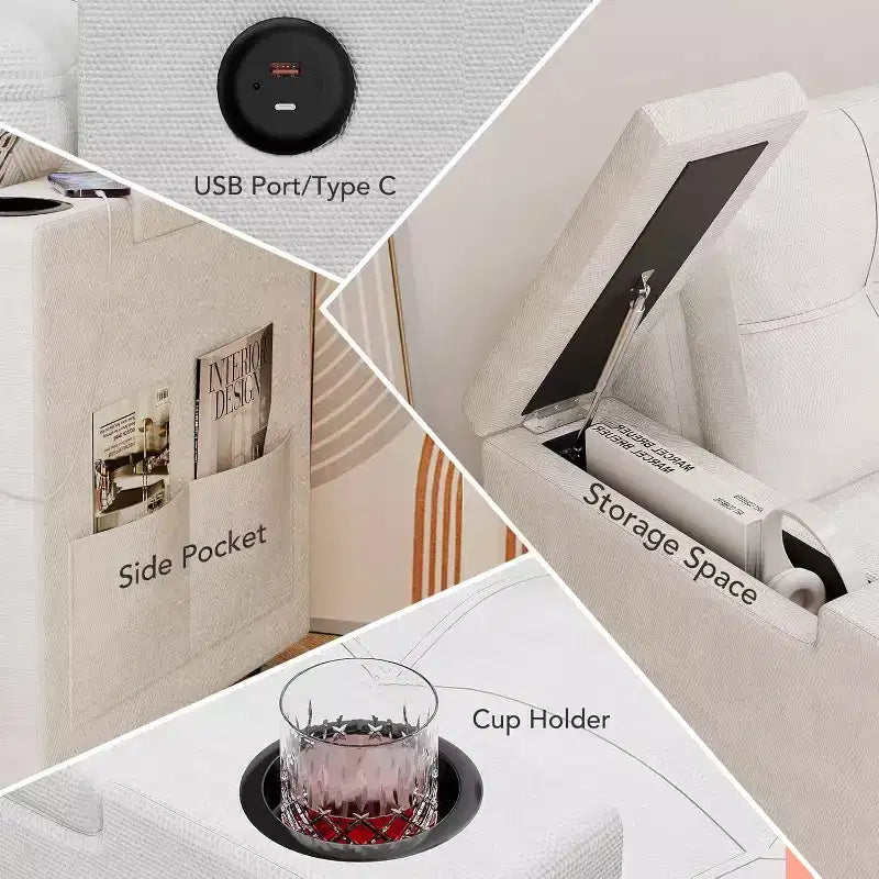 Sleeper Sofa, 84 Inch Sofa Bed with 2 Charging Ports, L Shaped Couch with 2 Storage Armrest and 2 Cup Holders, 2 Charging Ports