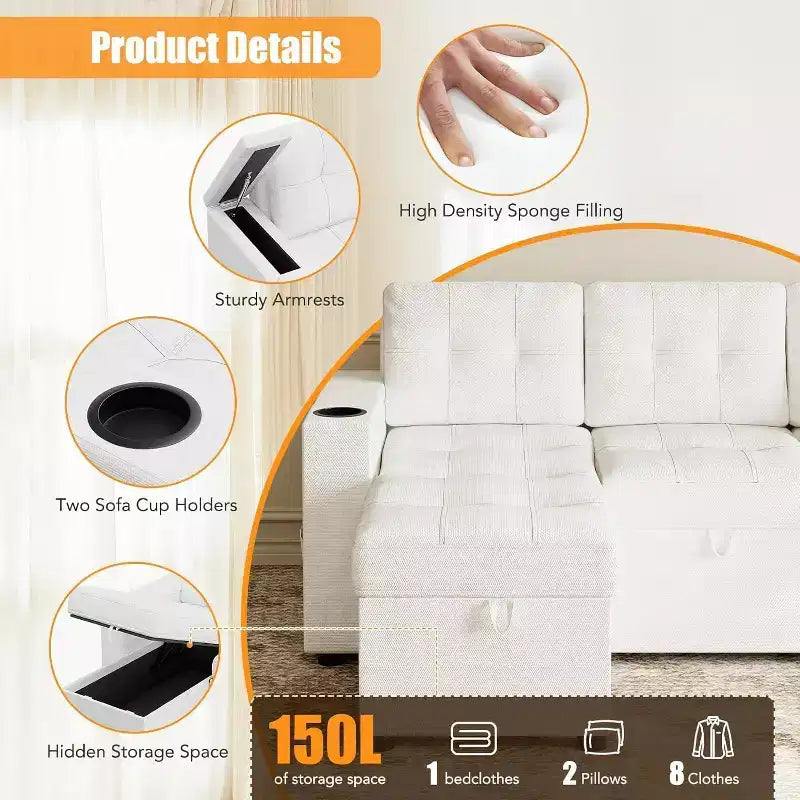 Sleeper Sofa, 84 Inch Sofa Bed with 2 Charging Ports, L Shaped Couch with 2 Storage Armrest and 2 Cup Holders, 2 Charging Ports