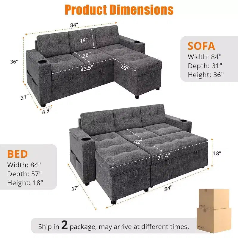 Sleeper Sofa, 84 Inch Sofa Bed with 2 Charging Ports, L Shaped Couch with 2 Storage Armrest and 2 Cup Holders, 2 Charging Ports