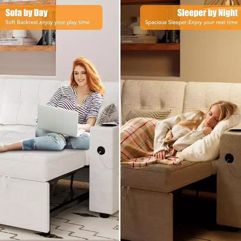 Sleeper Sofa, 84 Inch Sofa Bed with 2 Charging Ports, L Shaped Couch with 2 Storage Armrest and 2 Cup Holders, 2 Charging Ports