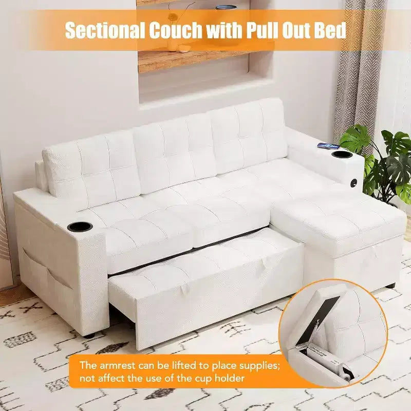 Sleeper Sofa, 84 Inch Sofa Bed with 2 Charging Ports, L Shaped Couch with 2 Storage Armrest and 2 Cup Holders, 2 Charging Ports