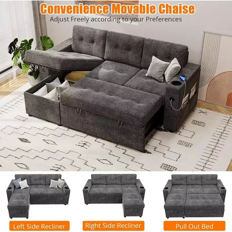 Sleeper Sofa, 84 Inch Sofa Bed with 2 Charging Ports, L Shaped Couch with 2 Storage Armrest and 2 Cup Holders, 2 Charging Ports