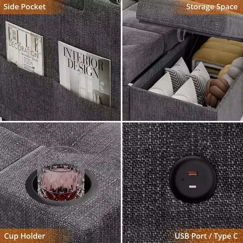 Sleeper Sofa, 84 Inch Sofa Bed with 2 Charging Ports, L Shaped Couch with 2 Storage Armrest and 2 Cup Holders, 2 Charging Ports