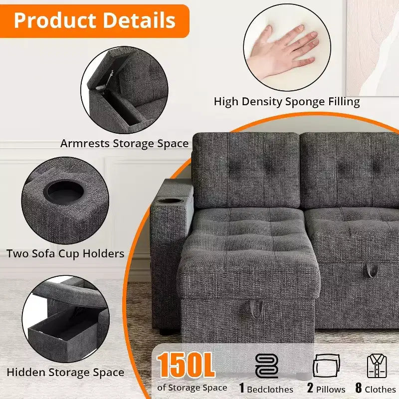 Sleeper Sofa, 84 Inch Sofa Bed with 2 Charging Ports, L Shaped Couch with 2 Storage Armrest and 2 Cup Holders, 2 Charging Ports