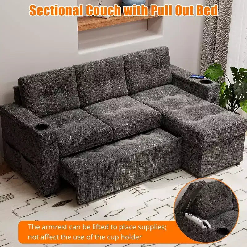 Sleeper Sofa, 84 Inch Sofa Bed with 2 Charging Ports, L Shaped Couch with 2 Storage Armrest and 2 Cup Holders, 2 Charging Ports