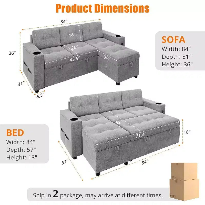Sleeper Sofa, 84 Inch Sofa Bed with 2 Charging Ports, L Shaped Couch with 2 Storage Armrest and 2 Cup Holders, 2 Charging Ports