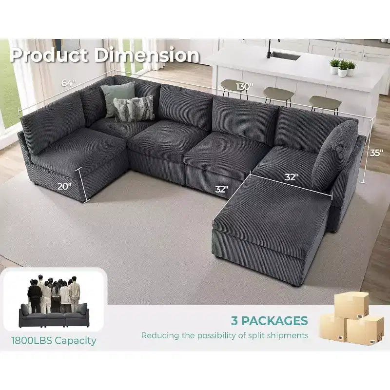 AMERLIFE Oversized Modular Sectional Sofa with 32 Deep Seat, 6-Piece Convertible U/L/S Couch