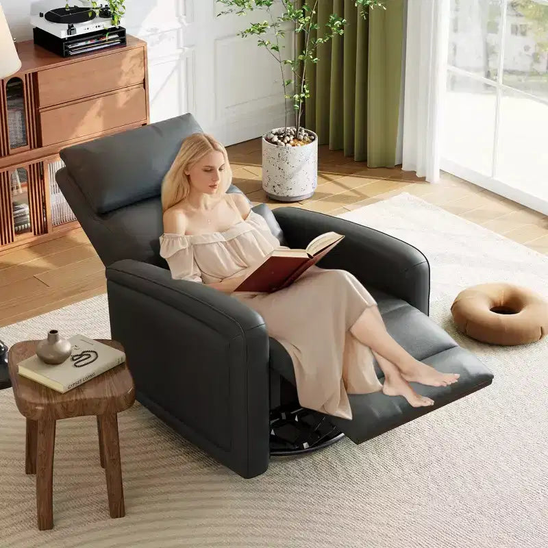 Reclinable manual, sofá mecedora giratorio 360°, sofá individual de piel sintética, reclinable moderno con orejas, con respaldo ergonómico, para sala de estar