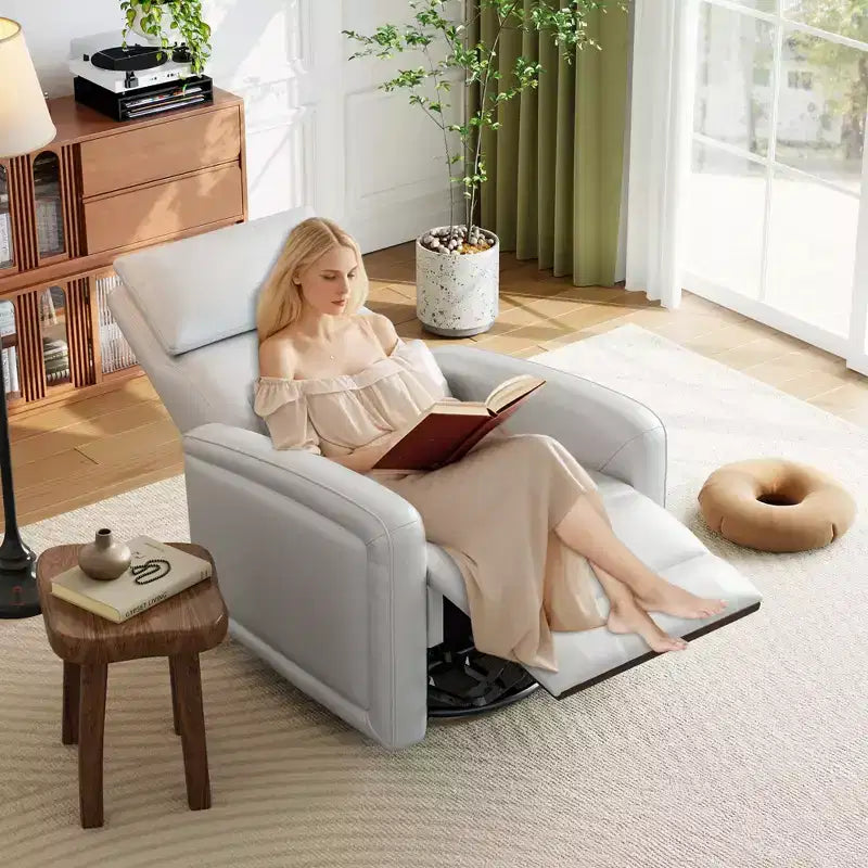 Reclinable manual, sofá mecedora giratorio 360°, sofá individual de piel sintética, reclinable moderno con orejas, con respaldo ergonómico, para sala de estar