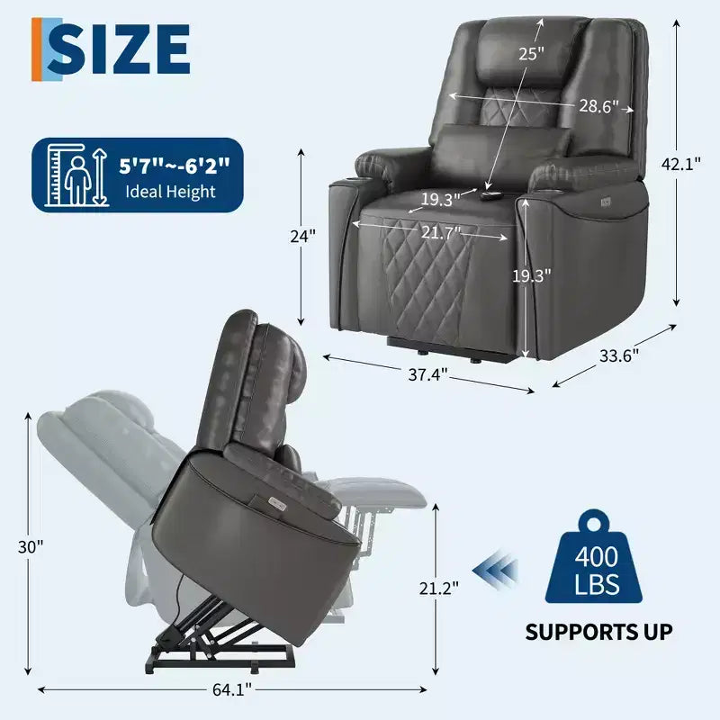 Lift Recliner Chair Sofa, PU Leather Reclining, 3 Adjustable Positions, Side Storage Pockets and Cup Holders, Power Lift Chair, for Living Room