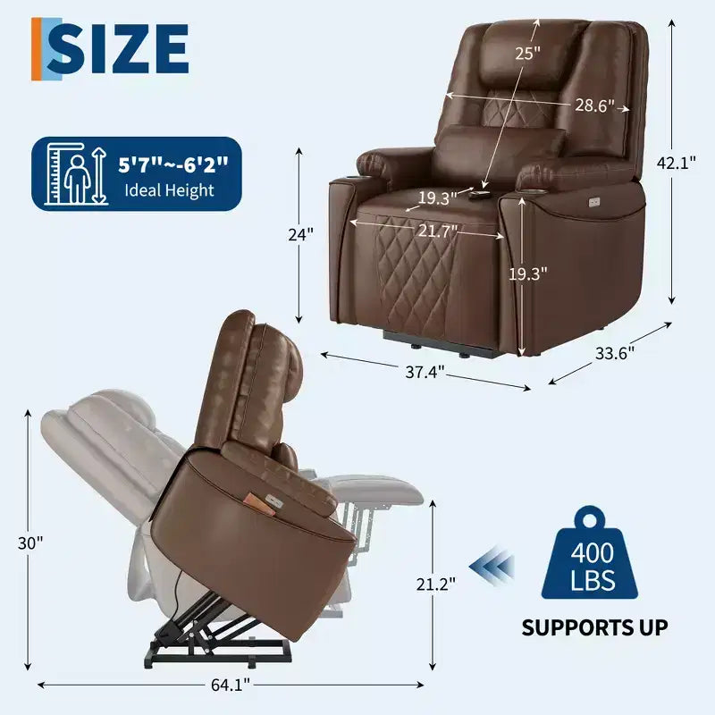 Lift Recliner Chair Sofa, PU Leather Reclining, 3 Adjustable Positions, Side Storage Pockets and Cup Holders, Power Lift Chair, for Living Room