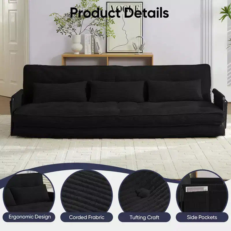 Mjkone Muti-Functional Folding Futon Sofa Bed Floor Sofa Bed3-Seater Lazy Sofa with Pillows,6 Position Adjustable Backrest