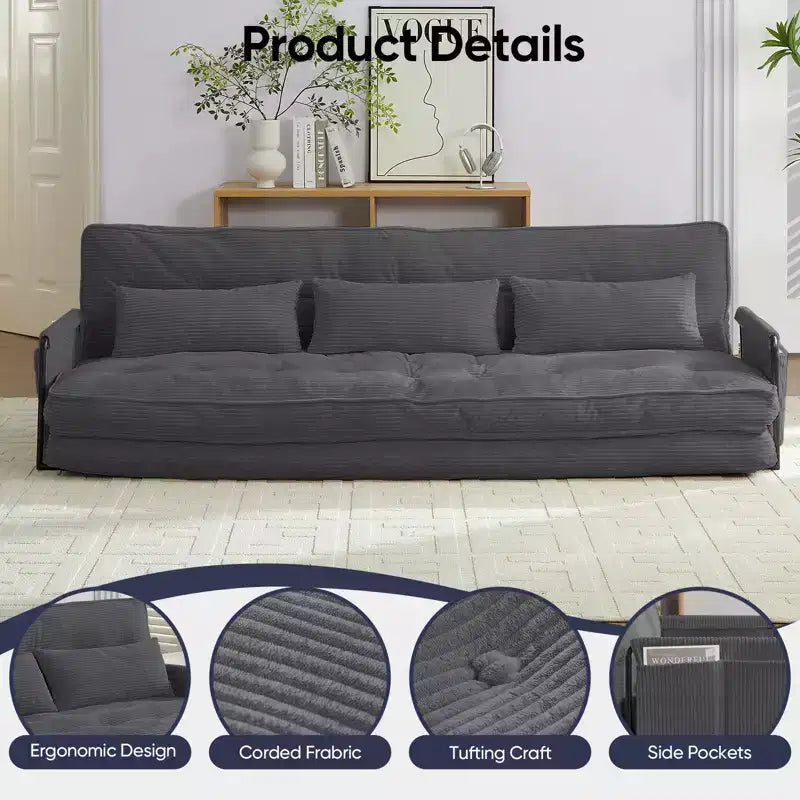 Mjkone Muti-Functional Folding Futon Sofa Bed Floor Sofa Bed3-Seater Lazy Sofa with Pillows,6 Position Adjustable Backrest