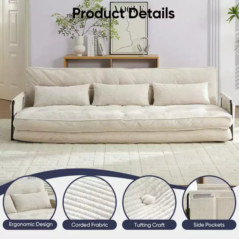 Mjkone Muti-Functional Folding Futon Sofa Bed Floor Sofa Bed3-Seater Lazy Sofa with Pillows,6 Position Adjustable Backrest