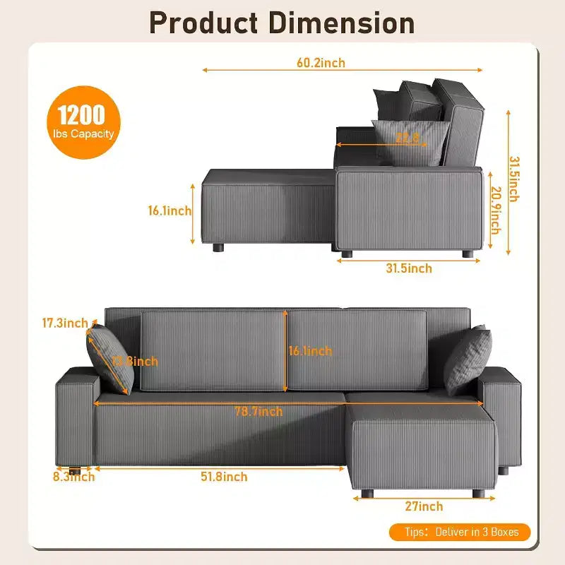 96 Inches Stripe Corduroy Sectional Sofa, Modern L Shaped Oversized Sectional Sofa, for Living Room, Apartment, Studio