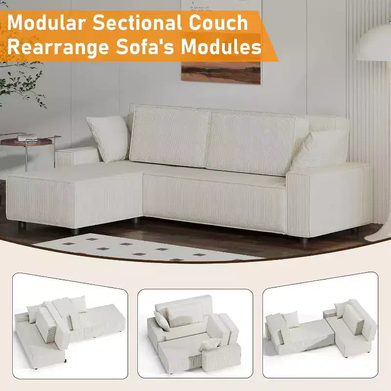 96 Inches Stripe Corduroy Sectional Sofa, Modern L Shaped Oversized Sectional Sofa, for Living Room, Apartment, Studio