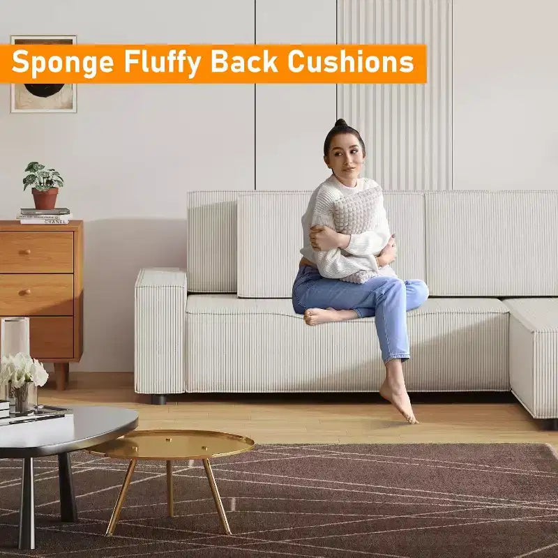 96 Inches Stripe Corduroy Sectional Sofa, Modern L Shaped Oversized Sectional Sofa, for Living Room, Apartment, Studio