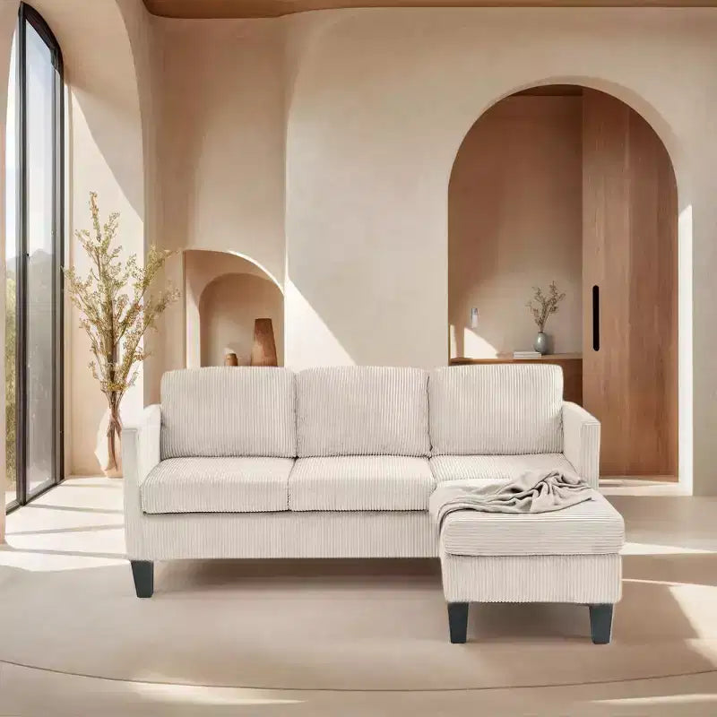 MAYEERTY L Shaped Sofa with Padded Corduroy Modern Luxury Appearance for Living Room Off-White