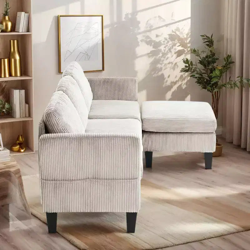 MAYEERTY L Shaped Sofa with Padded Corduroy Modern Luxury Appearance for Living Room Off-White