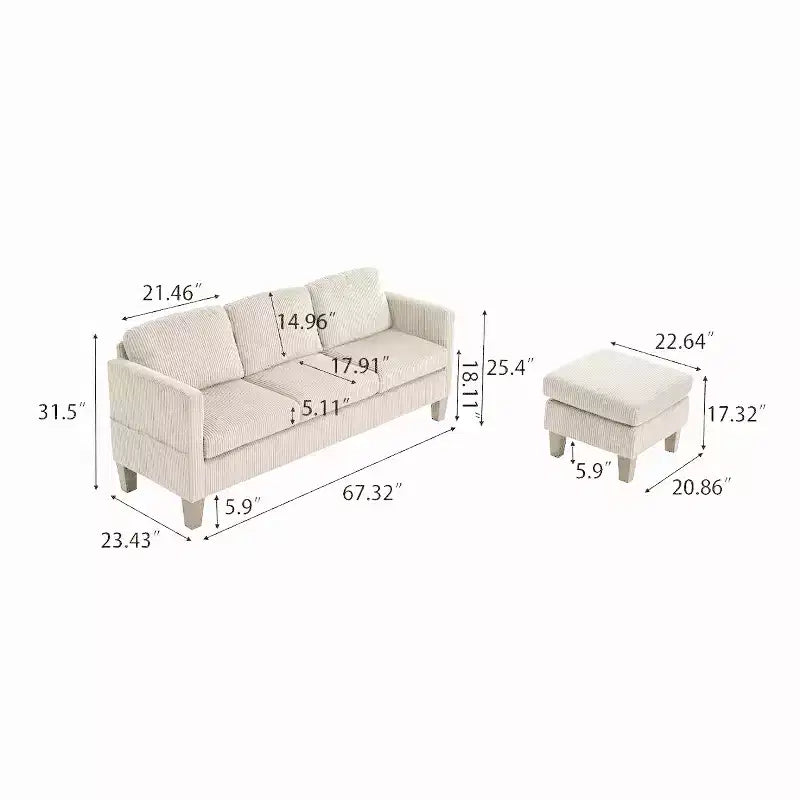 MAYEERTY L Shaped Sofa with Padded Corduroy Modern Luxury Appearance for Living Room Off-White