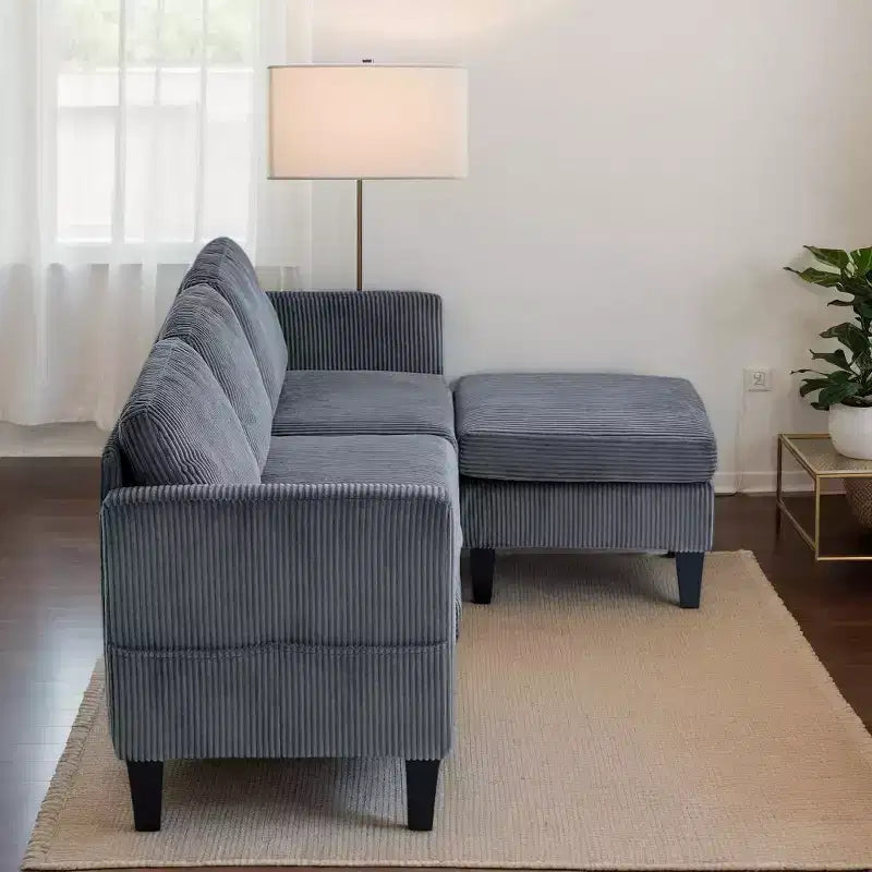 MAYEERTY L Shaped Sofa with Padded Corduroy Modern Luxury Appearance for Living Room Gray