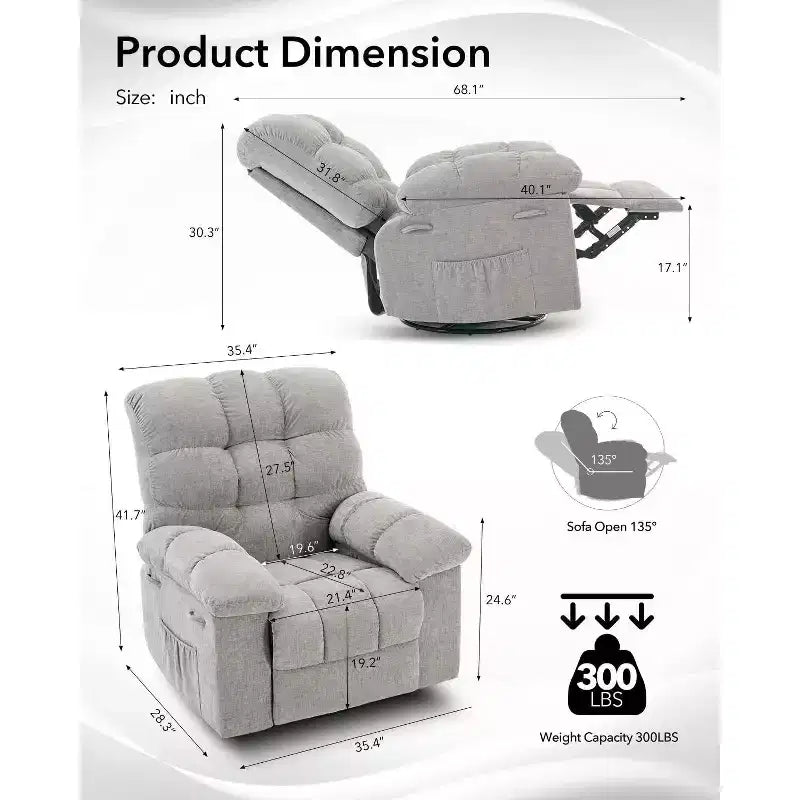 Rocking Recliner Chair, 360 Swivel Rocker Chair, Lazy Boy Recliner Single Sofa, Side Pockets, for Living Room, Small Spaces