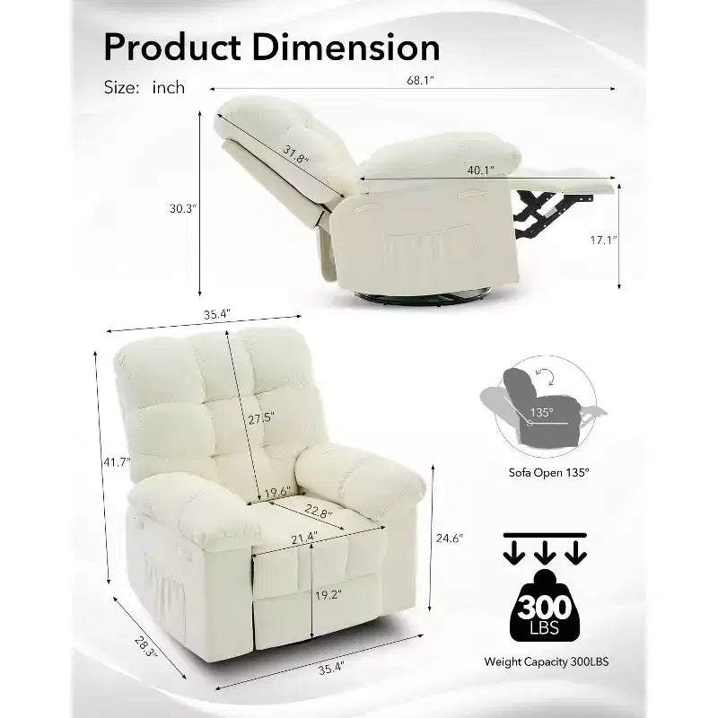 Rocking Recliner Chair, 360 Swivel Rocker Chair, Lazy Boy Recliner Single Sofa, Side Pockets, for Living Room, Small Spaces