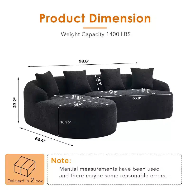 Whisen L-Shaped Sponge Sectional Sofa Set Compressed Couch No Assembly Required Sofa in a Box, Boxed Sofa with Curved Chaise