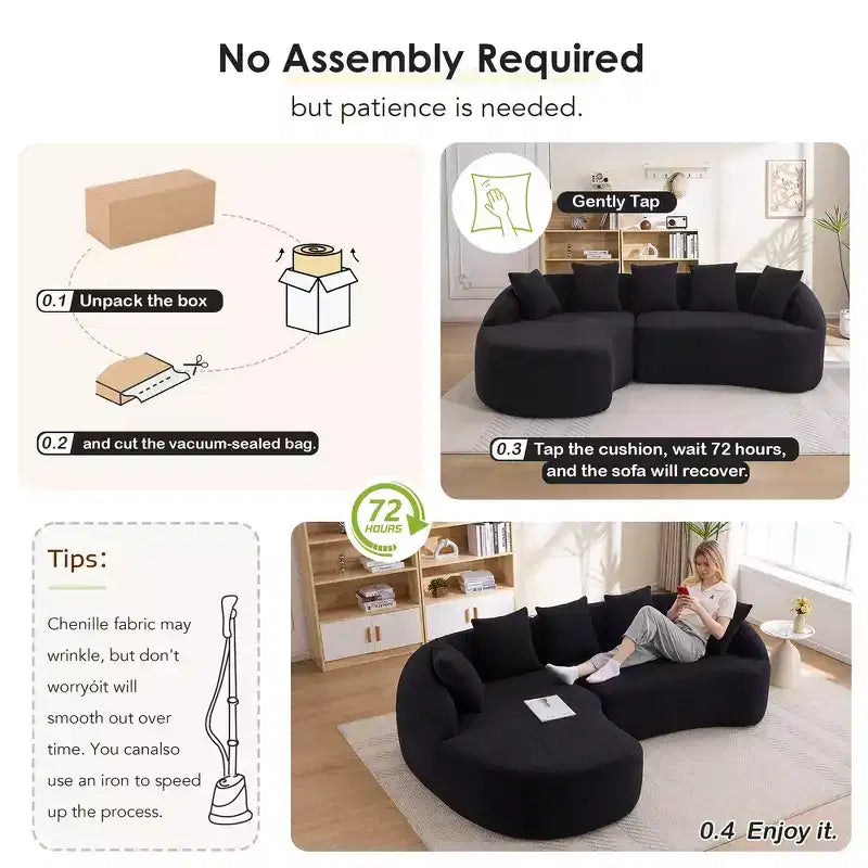 Whisen L-Shaped Sponge Sectional Sofa Set Compressed Couch No Assembly Required Sofa in a Box, Boxed Sofa with Curved Chaise
