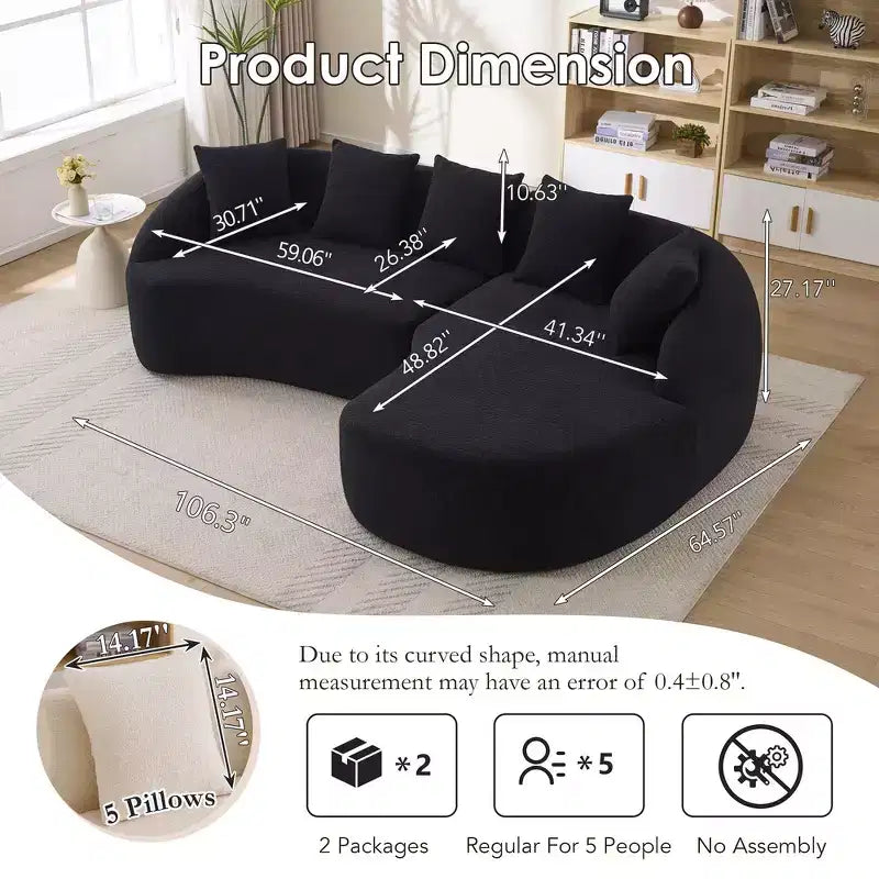 Whisen L-Shaped Sponge Sectional Sofa Set Compressed Couch No Assembly Required Sofa in a Box, Boxed Sofa with Curved Chaise