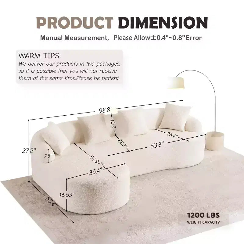 Whisen L-Shaped Sponge Sectional Sofa Set Compressed Couch No Assembly Required Sofa in a Box, Boxed Sofa with Curved Chaise