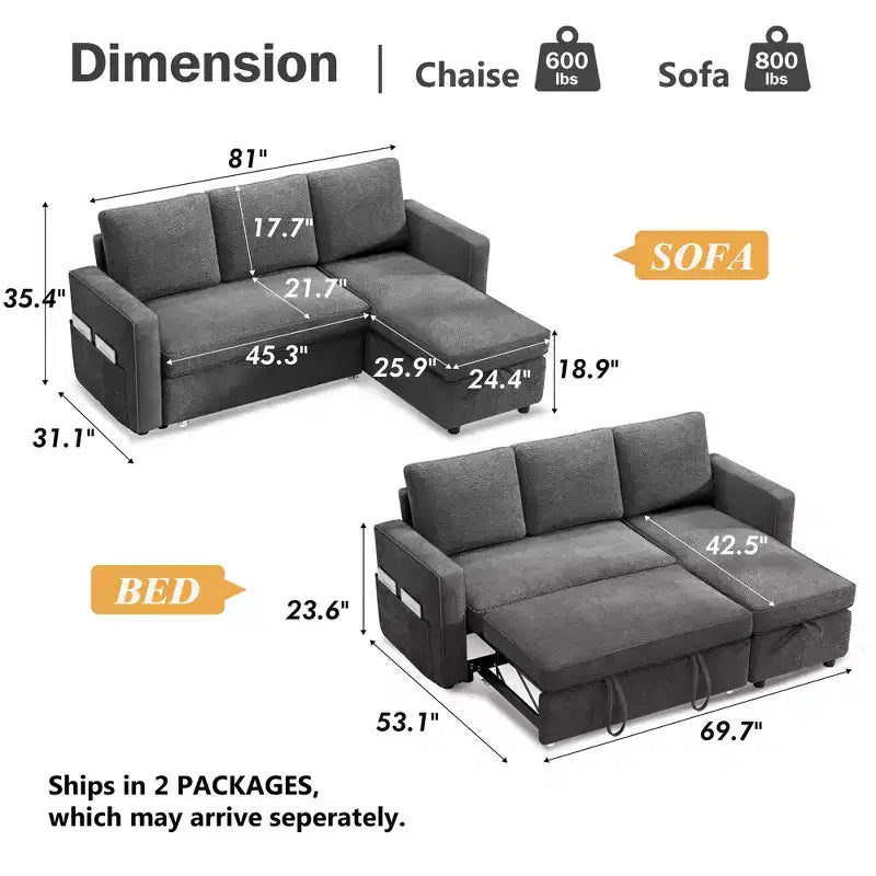 Dyonery 2 in 1 Pull Out Couch with Reversible Storage Chaise for Room 81Sectional L-Shaped Couch Sofa Sleeper with Side Pockets