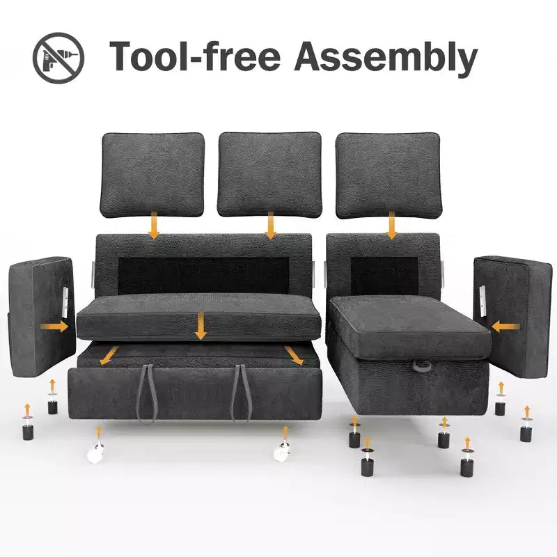 Dyonery 2 in 1 Pull Out Couch with Reversible Storage Chaise for Room 81Sectional L-Shaped Couch Sofa Sleeper with Side Pockets