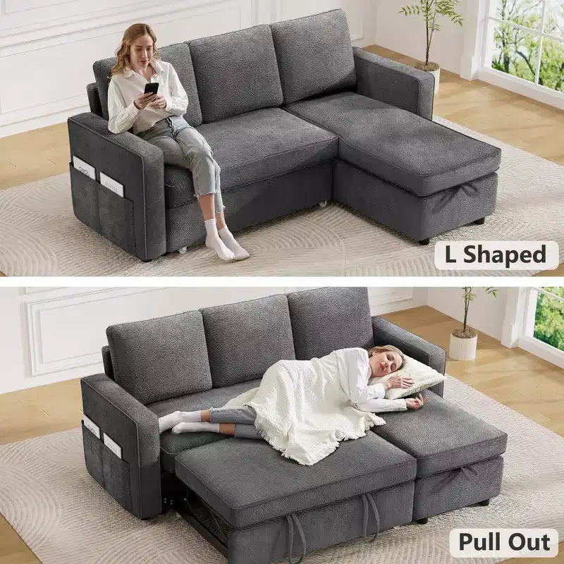 Dyonery 2 in 1 Pull Out Couch with Reversible Storage Chaise for Room 81Sectional L-Shaped Couch Sofa Sleeper with Side Pockets